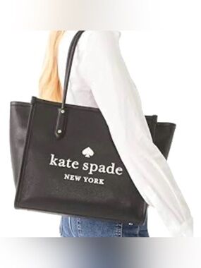 kate spade Large Ella Black Tote with White Logo - Pebbled Leather